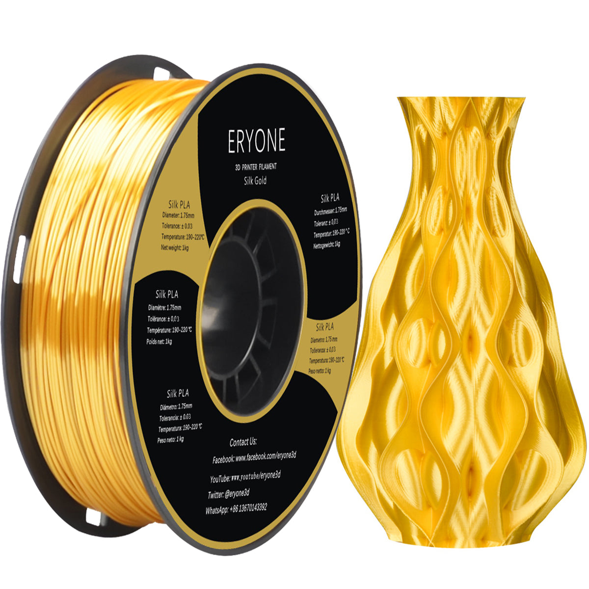 ERYONE Silk PLA Filament 1.75mm, Material de impresión 3D brillante y sedoso para impresoras 3D y bolígrafos 3D, 1kg 1 carrete, 1.75mm