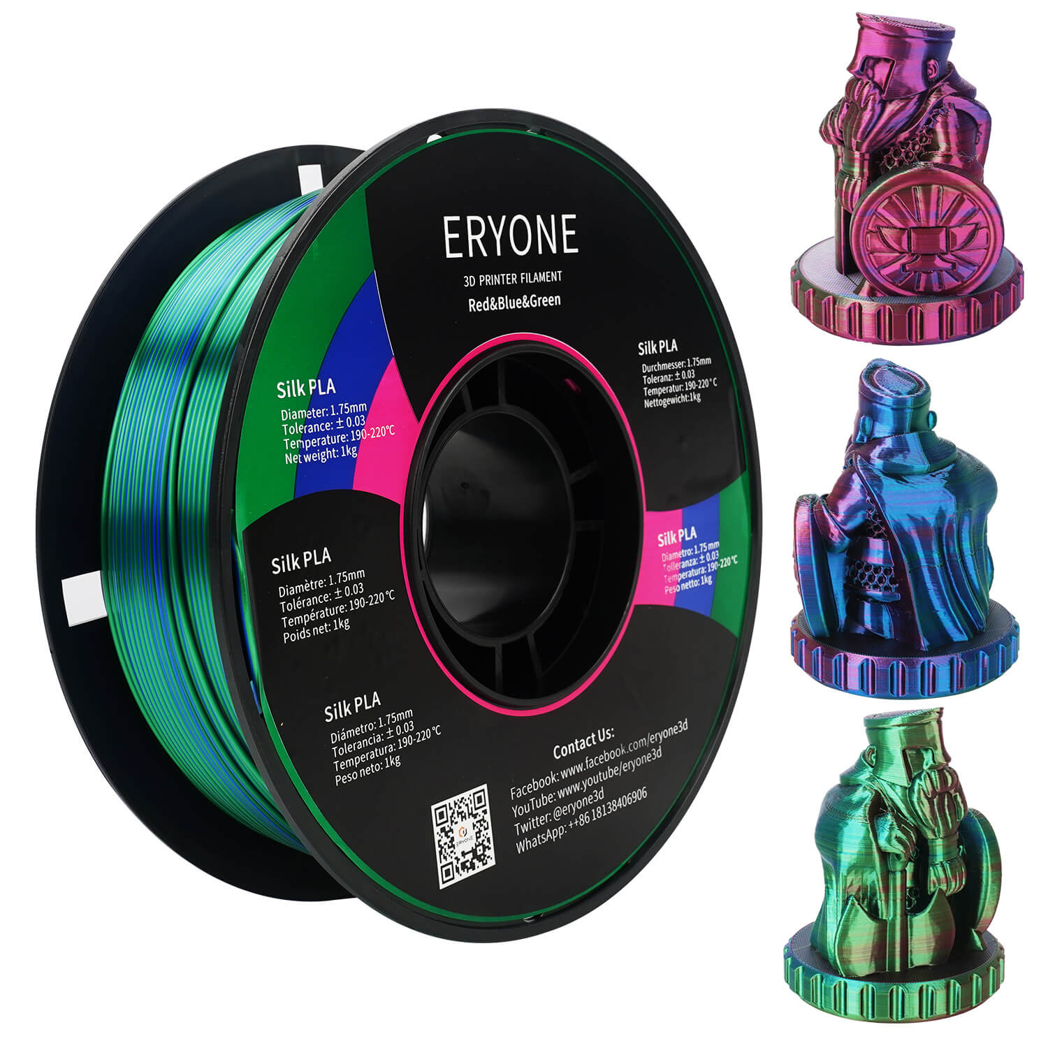 ERYONE Triple-Color Silk PLA Filament for 3D Printers,1kg (2.2LBS)/Spo