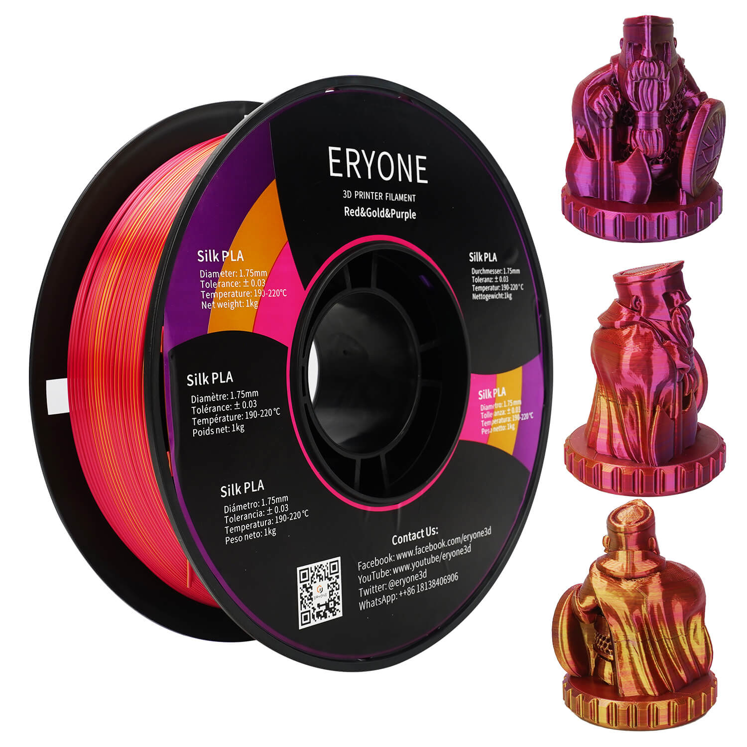 ERYONE Triple-Color Silk PLA Filament Red+Gold+Purple